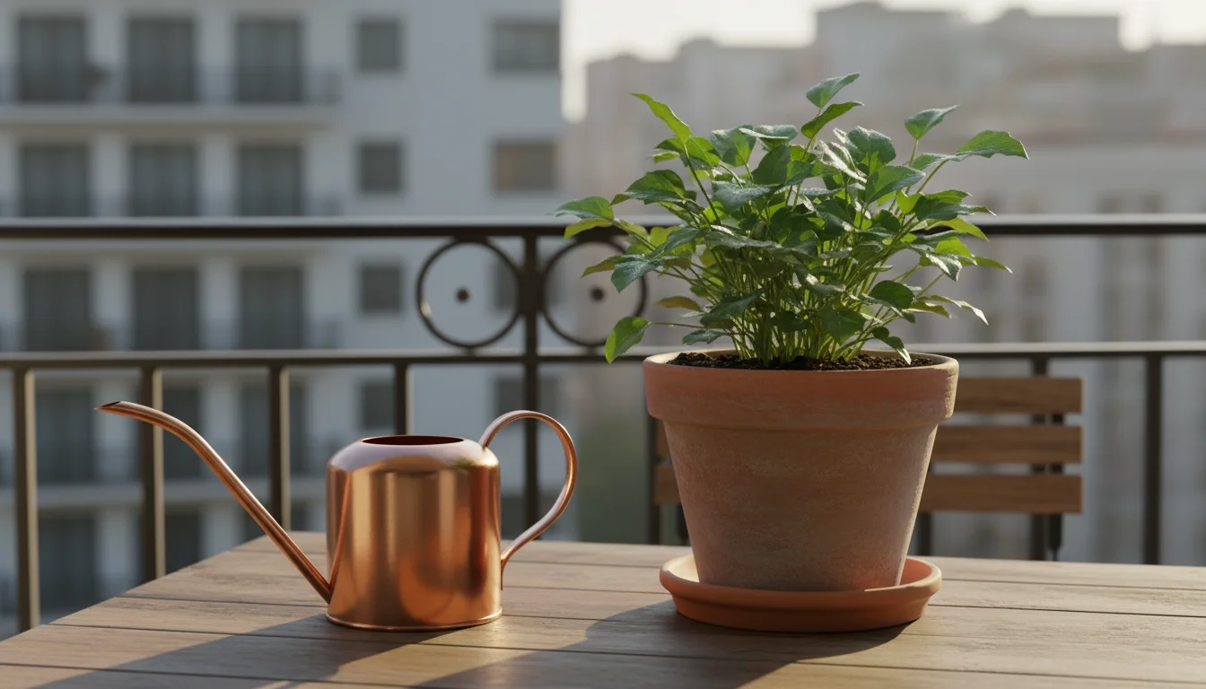 A newly repotted leafy green plant in a terracotta pot on a wooden balcony table, with a copper watering can resting unused beside it.