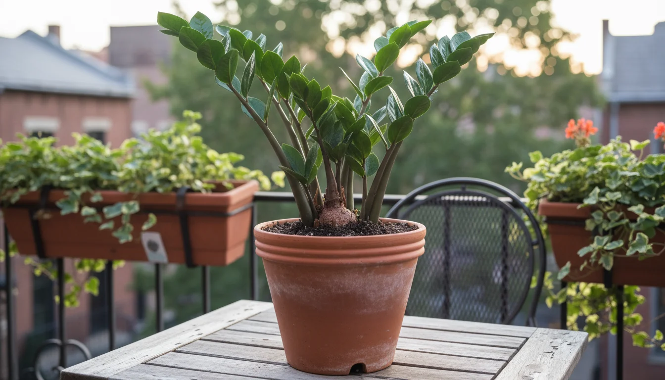 Newly repotted ZZ plant in a terracotta pot on a wooden balcony table. Fresh, dark soil is visible around its base, with a fertilizer bag out of immed