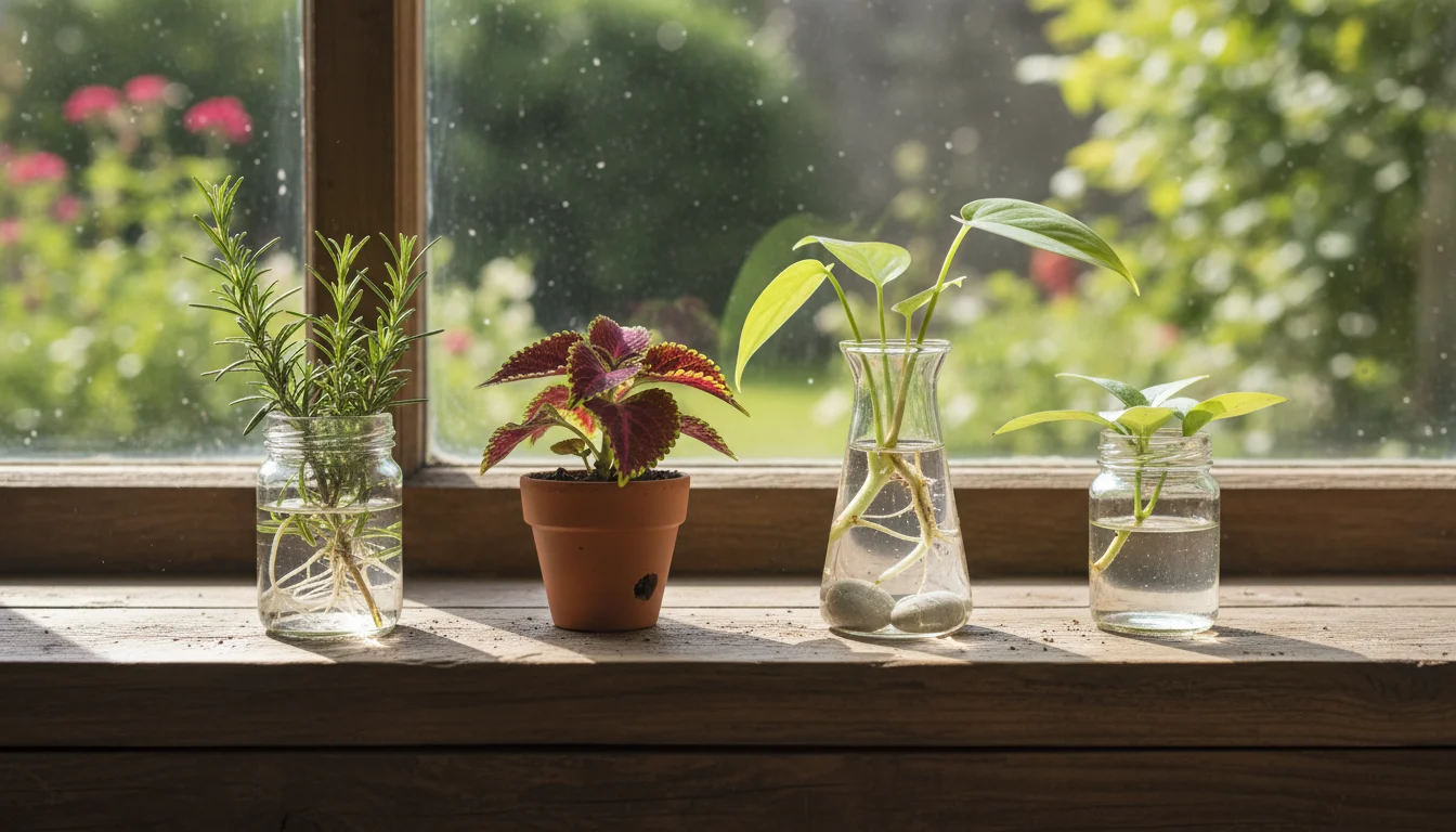 Newly rooted plant cuttings in small pots and jars on a wooden windowsill, illuminated by soft, bright, indirect morning light.