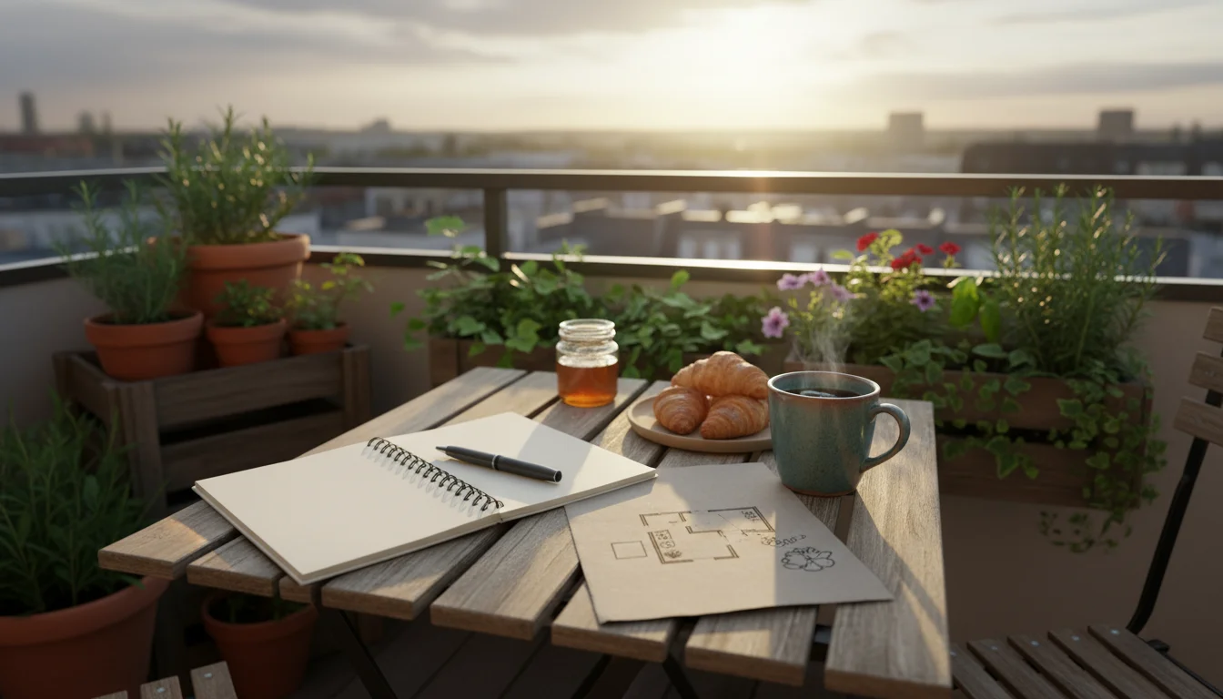 Overhead view of a notebook, pen, balcony sketch, and coffee mug on a small table, with potted plants blurred in the background.
