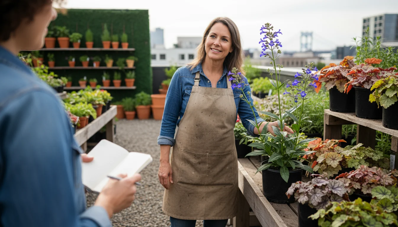 A nursery specialist, wearing an apron, points to a native plant in a pot while talking to a customer with a notebook, surrounded by potted plants.