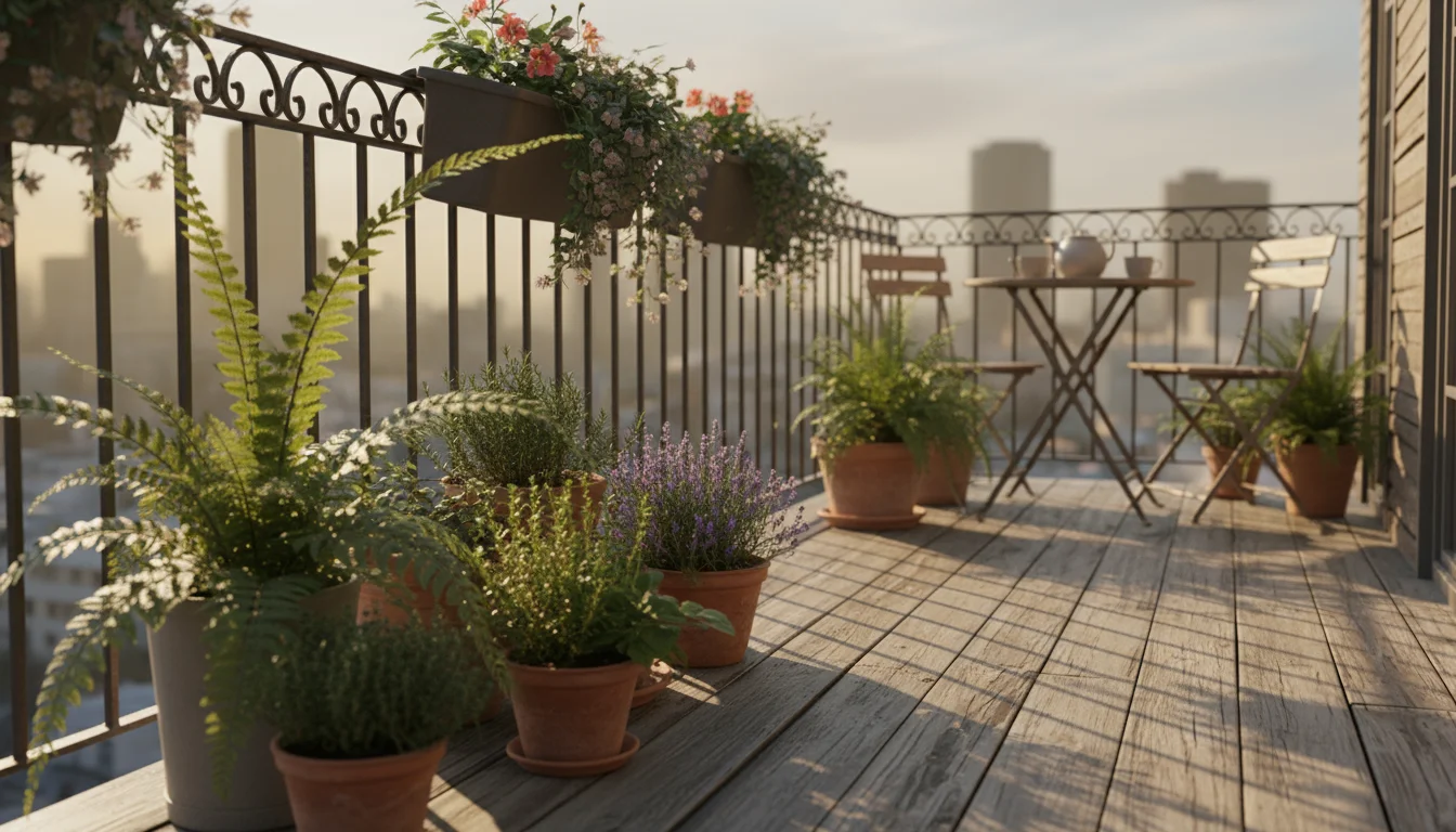 An oblique view into a small balcony garden with layered potted plants, dappled shadows, and a partially hidden water feature.