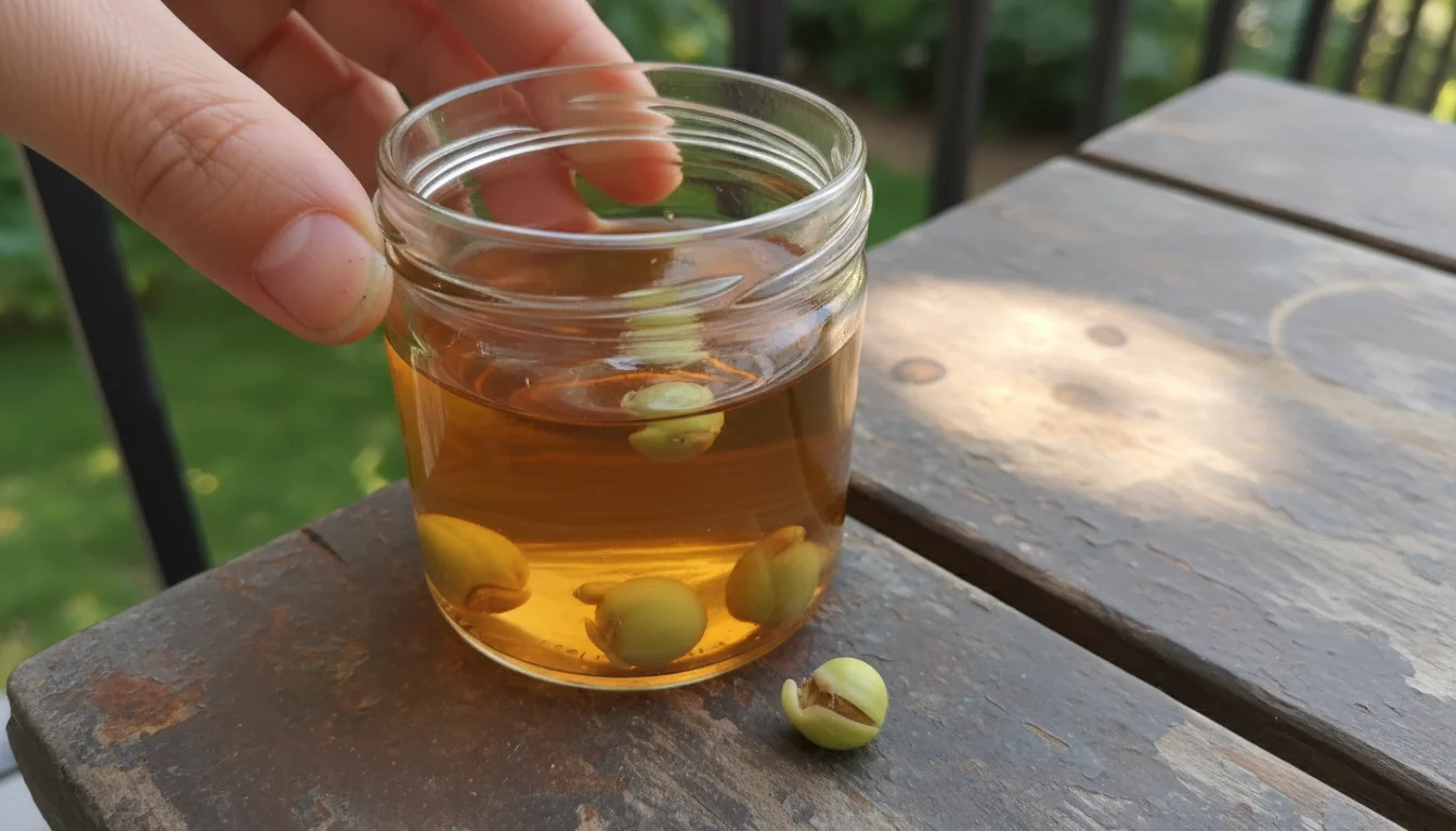 Close-up of okra seeds soaking in warm water in a clear glass jar on a sunlit urban balcony railing, a hand reaching towards it.