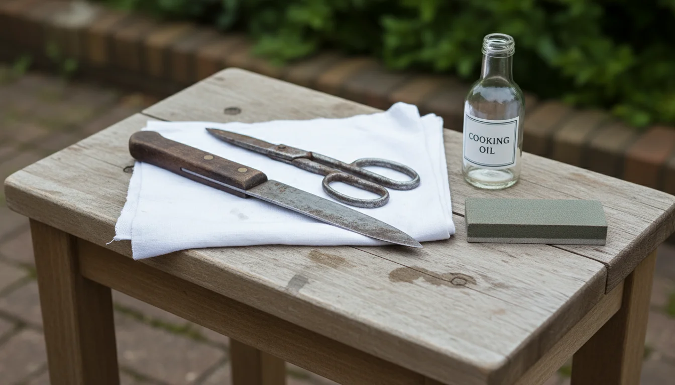 An old kitchen knife and scissors on a rag, with cooking oil and a sharpening stone on a wooden patio stool, blurred container plants in background.