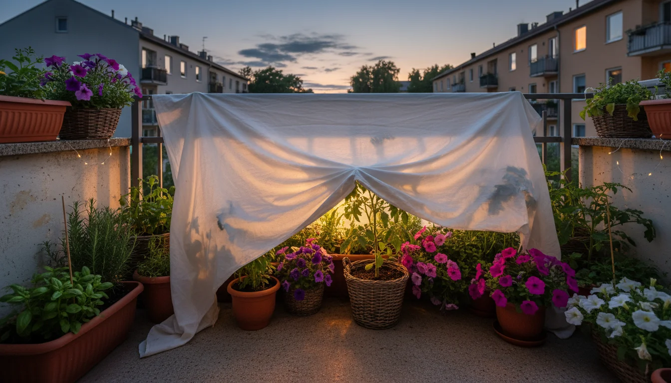 Old white bed sheet draped protectively over assorted potted plants on a small balcony at twilight, softly lit by an interior glow.