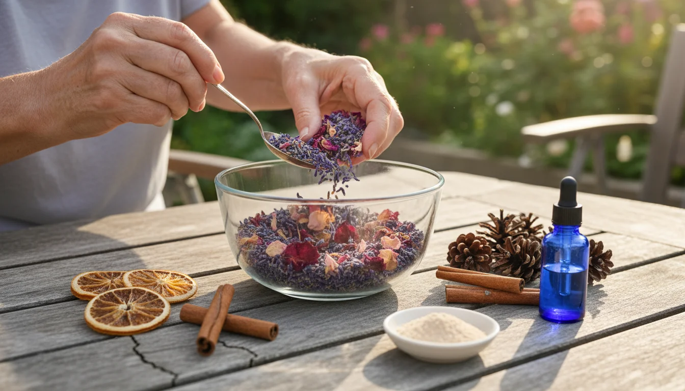 Older hands spooning dried lavender and rose petals into a glass bowl with various dried botanicals, fixatives, and essential oil on a wooden table.