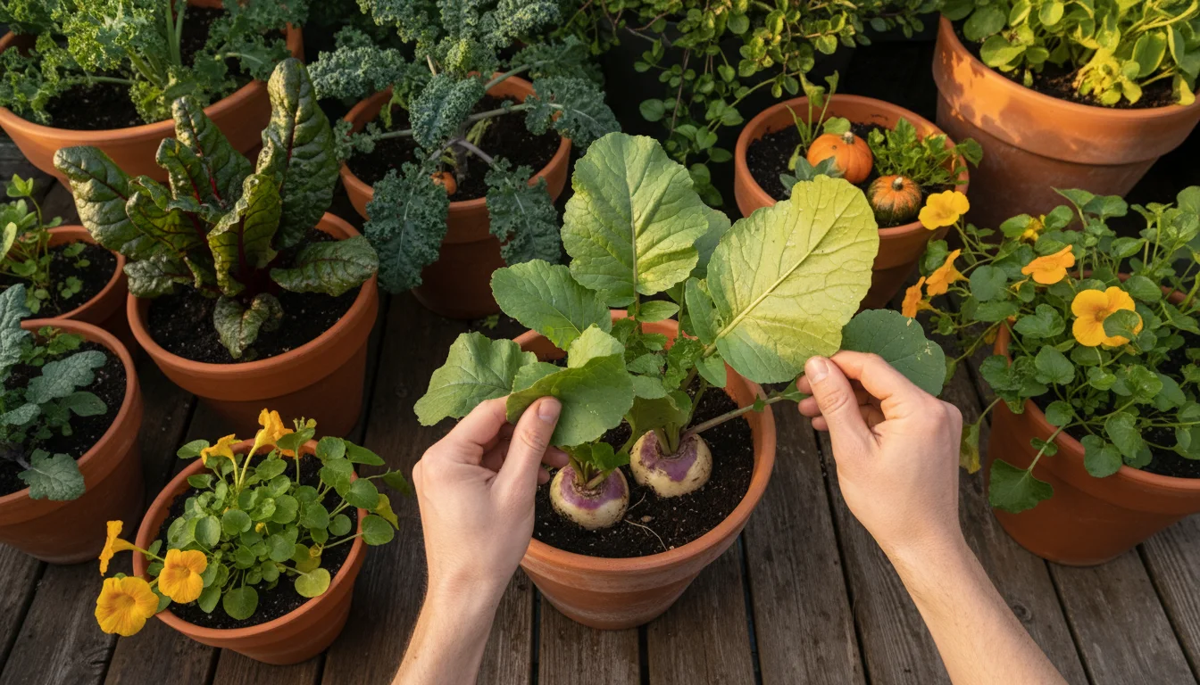 An older person's hand inspects a green turnip plant leaf in a terracotta pot on a patio, surrounded by other container plants.