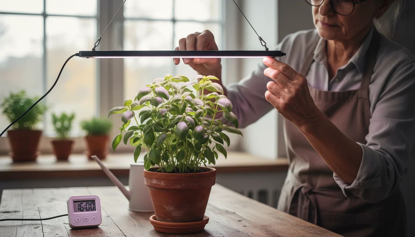 An older person's hands gently adjust a slim LED grow light over a thriving basil plant in a terracotta pot on a kitchen counter, with a timer nearby.