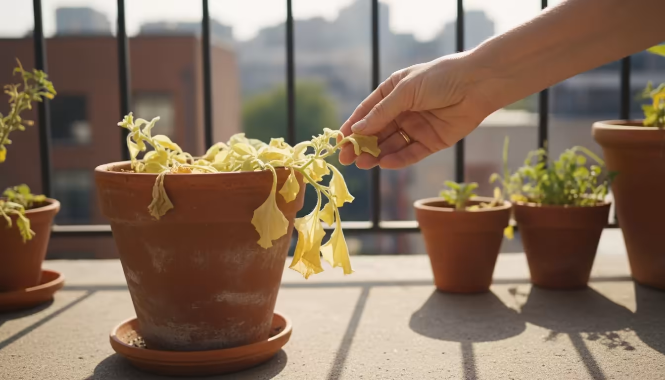 A close-up of an older woman's hand gently touching a wilting, yellowed petunia plant in a terracotta pot on a sunny urban balcony, illustrating signs