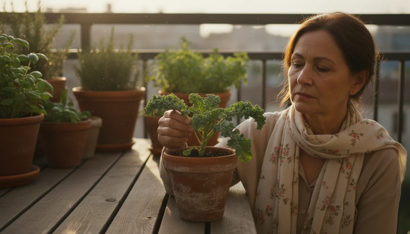 An older woman gently touches a dark green kale leaf in a terracotta pot on a sunny balcony, looking thoughtful.