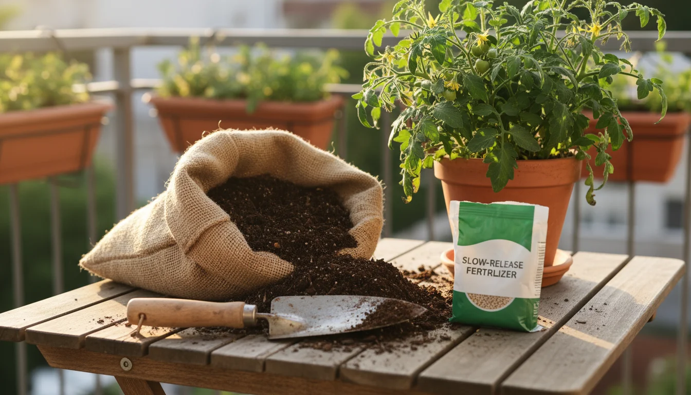 An open bag of dark potting mix, a bag of slow-release fertilizer, a hand trowel, and a vibrant potted cherry tomato plant on a wooden balcony table i