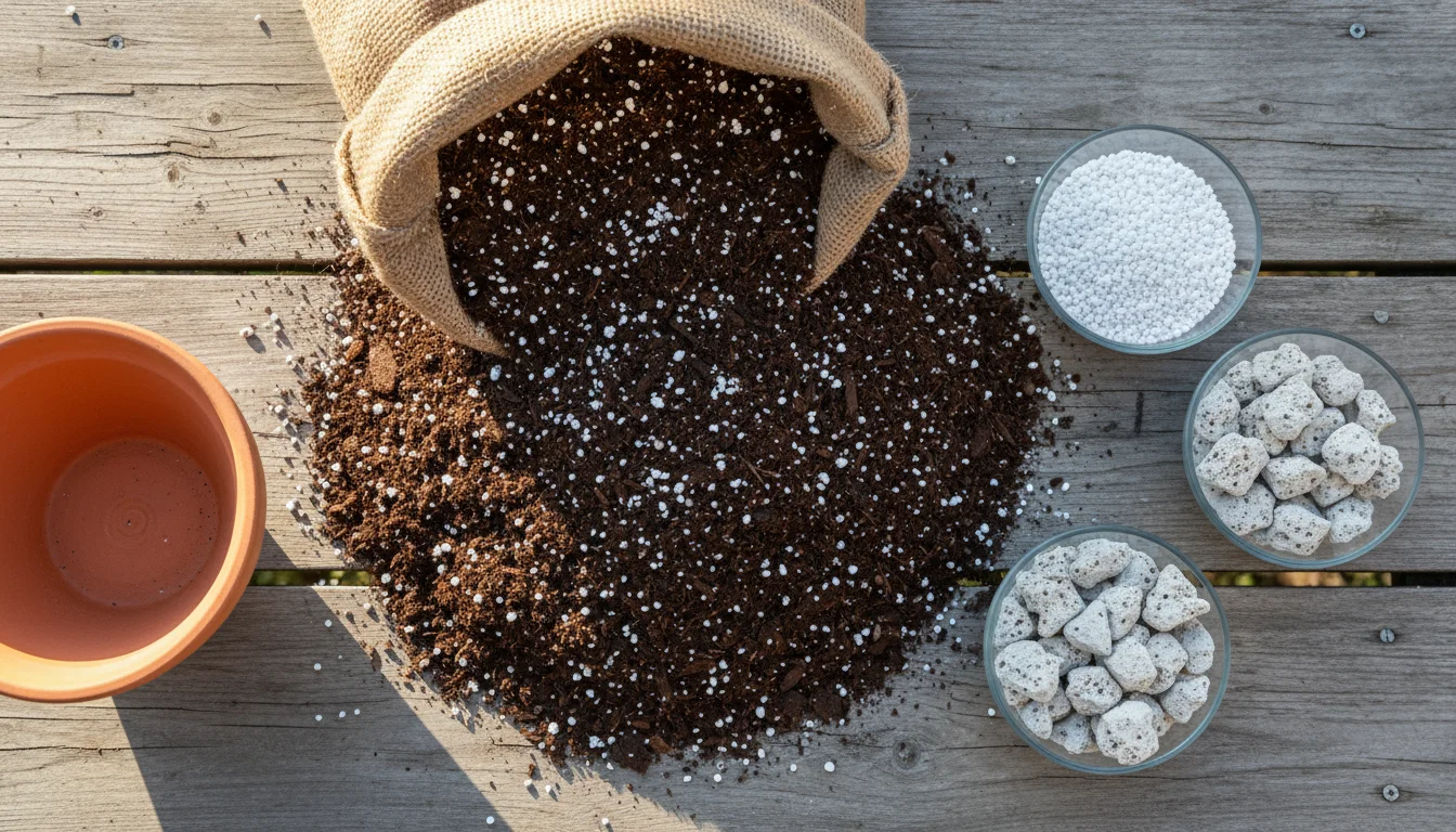 Overhead view of an open bag of fast-draining potting mix with perlite, alongside separate bowls of perlite and pumice on wood.