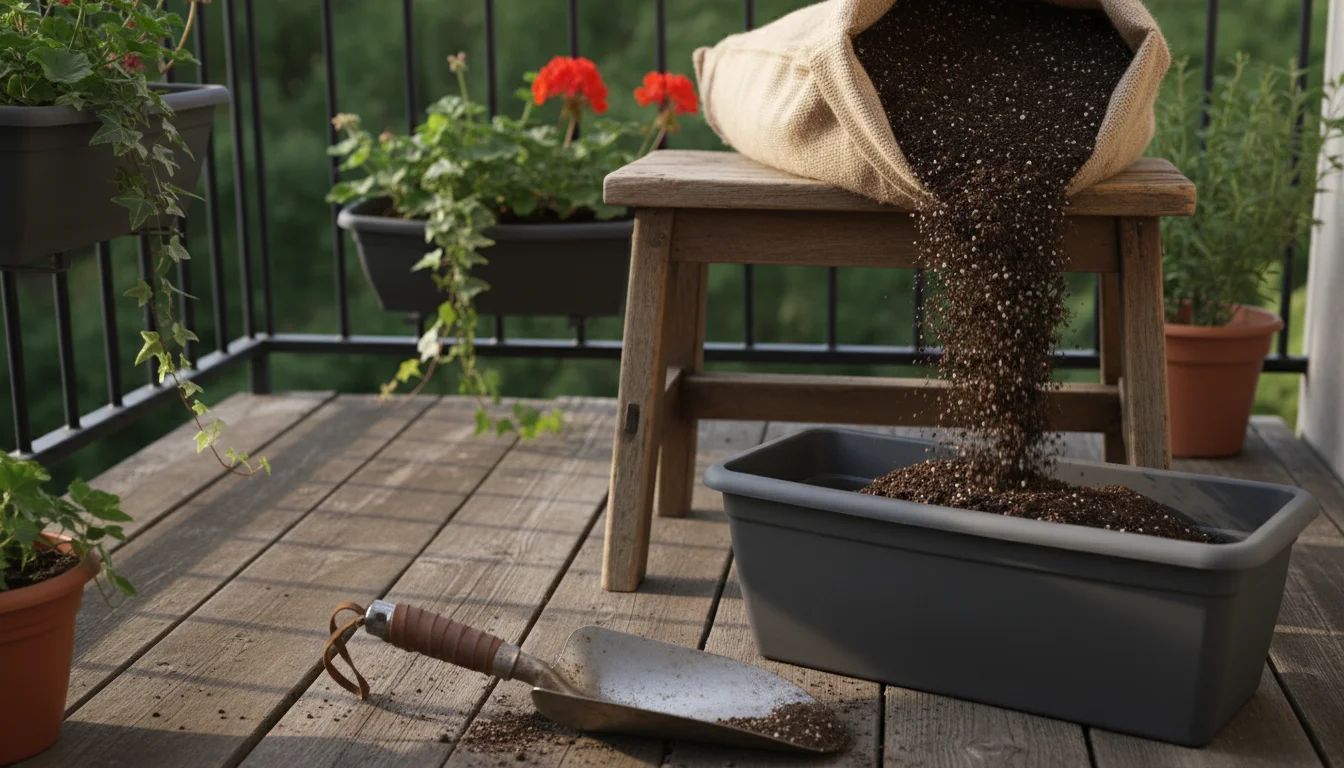 Open bag of peat-free potting mix next to a dark grey window box, with rich, dark soil partially filling the container on a wooden stool.