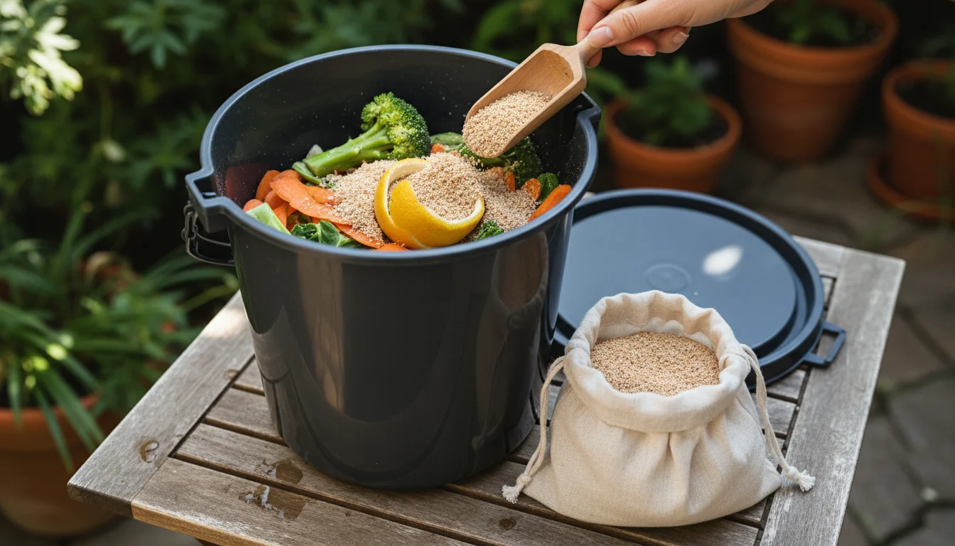 Elevated view into an open bokashi bucket on a patio table, kitchen scraps being layered with light brown bokashi bran. Small-space composting.