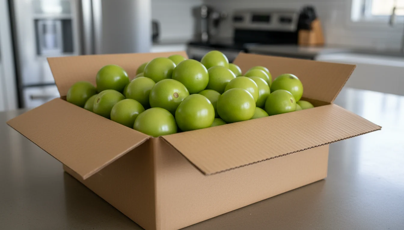 An open cardboard box overstuffed with many unripe green tomatoes pressed together. A few tomatoes show small dark spots from spoilage.