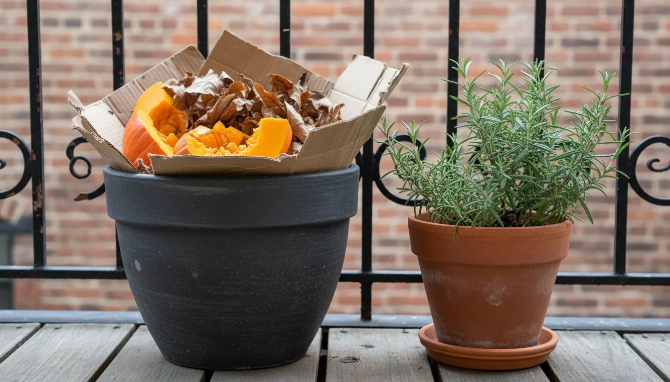 An open container compost pile on a small urban balcony, showing bright orange pumpkin pieces, dry leaves, and torn cardboard mixed together.