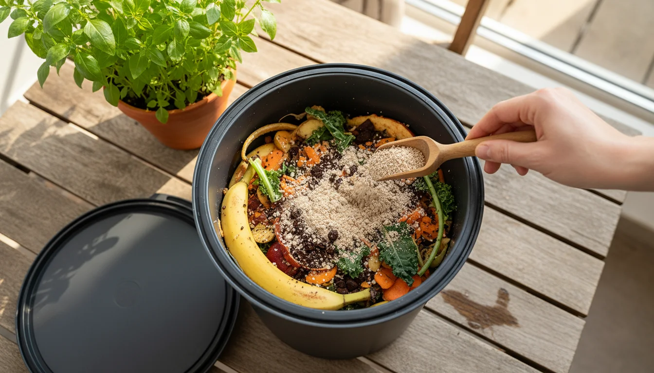 Open dark gray Bokashi bin, top-down view, showing layered food scraps dusted with bran. A hand with a wooden scoop adds more inoculant.