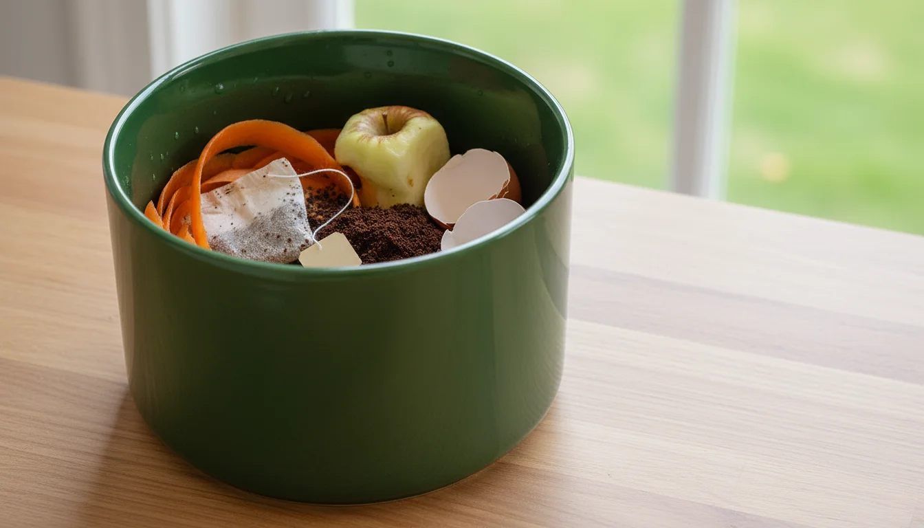 Open dark green ceramic countertop compost bin filled with colorful kitchen scraps: carrot peels, apple core, coffee grounds, eggshells.