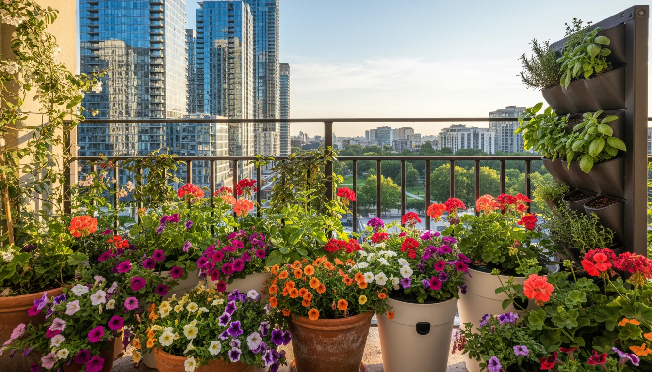 An open, dog-eared gardening book and well-used gloves rest on a rustic wooden stool amidst a vibrant, sun-drenched container garden on an urban balco