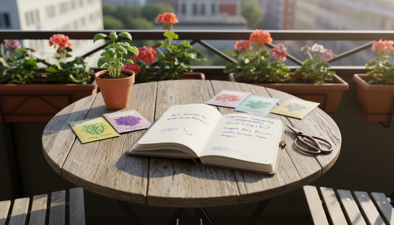 Overhead view of an open garden journal with handwritten questions about container gardening surrounded by colorful seed packets on a balcony table.