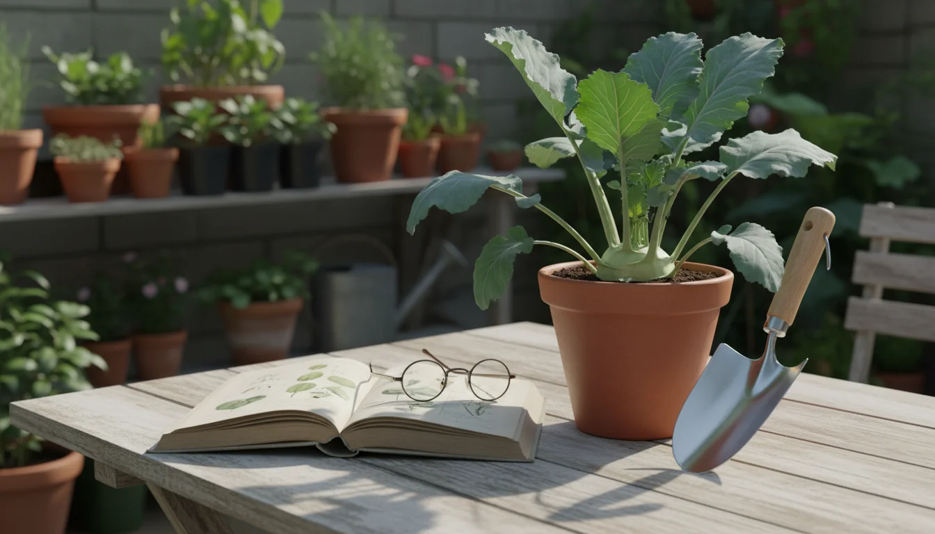 Open gardening book, reading glasses, and a healthy kohlrabi plant in a terracotta pot on a wooden patio table.