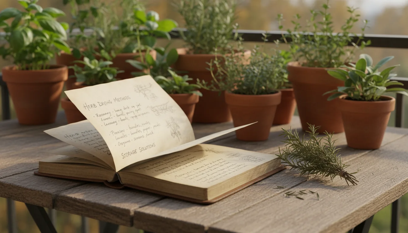 An open gardening journal with handwritten notes and dried rosemary sprigs on a rustic balcony table.