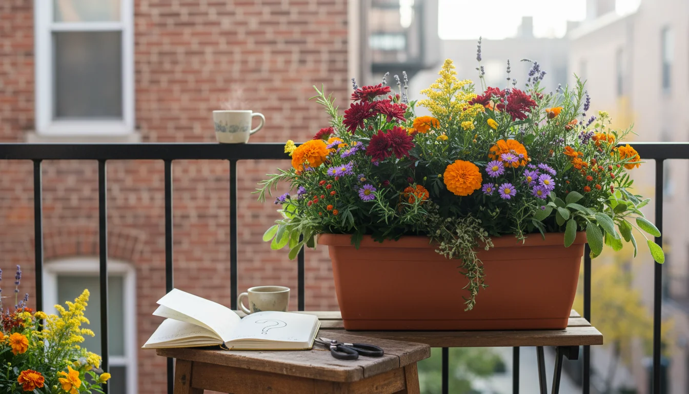 An open gardening journal with handwritten notes and a pair of snips rests on a small stool amidst a colorful fall container garden on a balcony.
