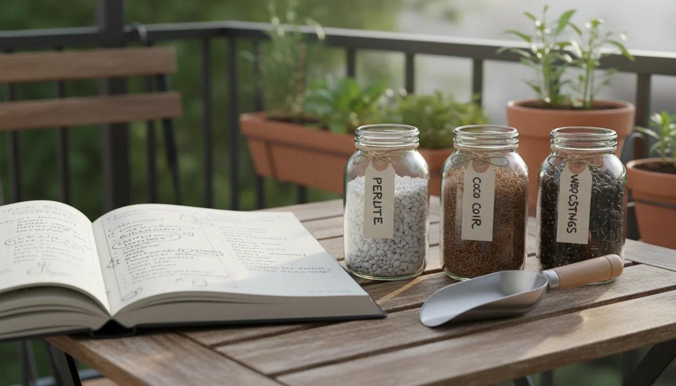 Open gardening journal with handwritten questions, flanked by jars of soil amendments (perlite, coco coir, worm castings) on a wooden table.