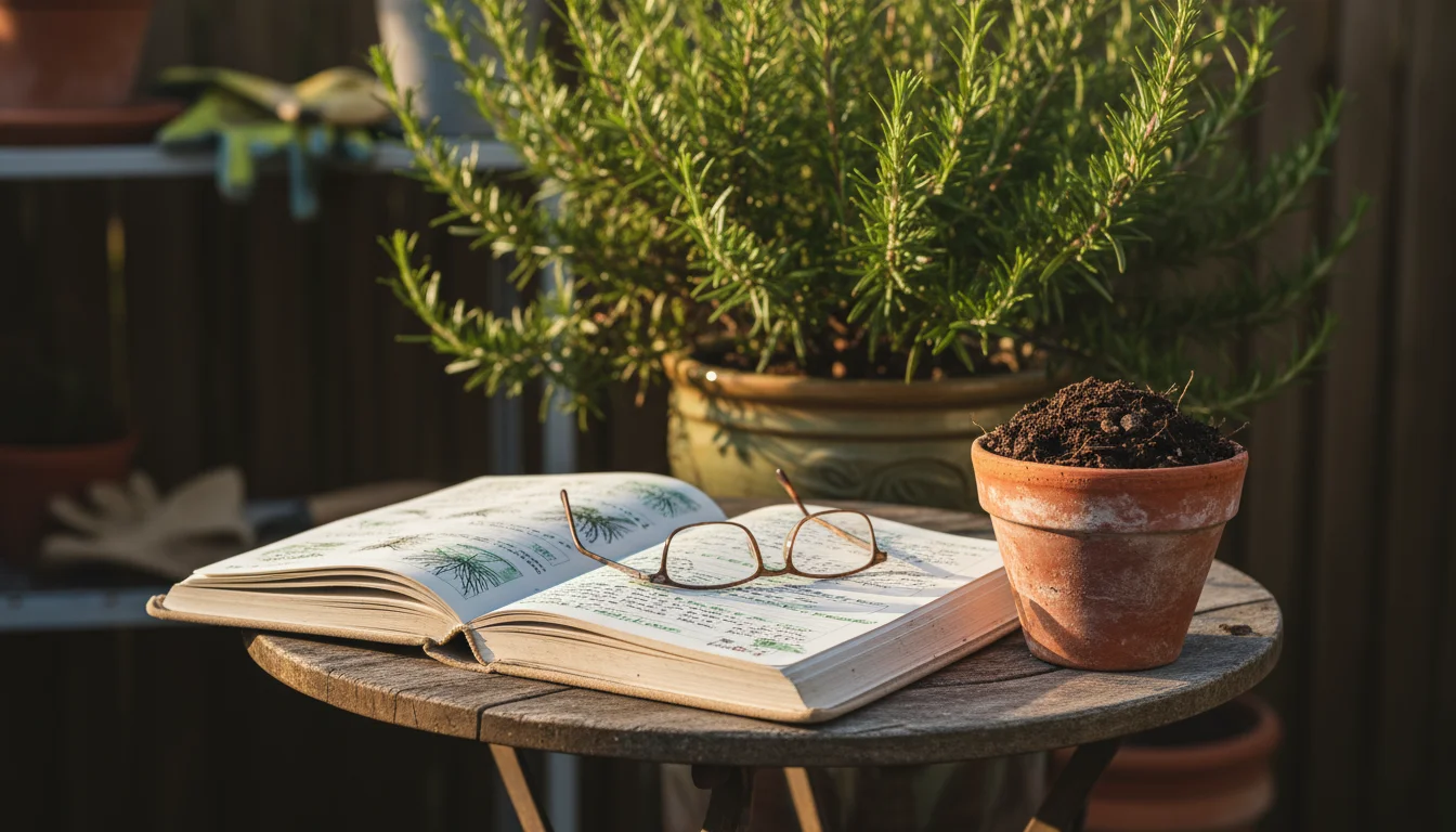 An open gardening journal with notes, reading glasses, and a terracotta pot with used soil on a patio table. A healthy rosemary plant is in the backgr
