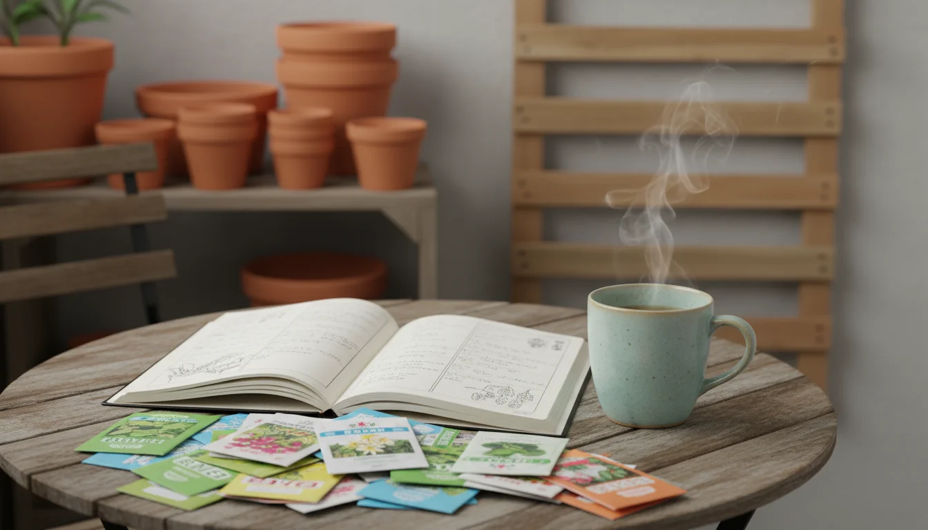 An open gardening notebook on a balcony table with seed packets and a tea mug, hinting at organized planning for a small garden.