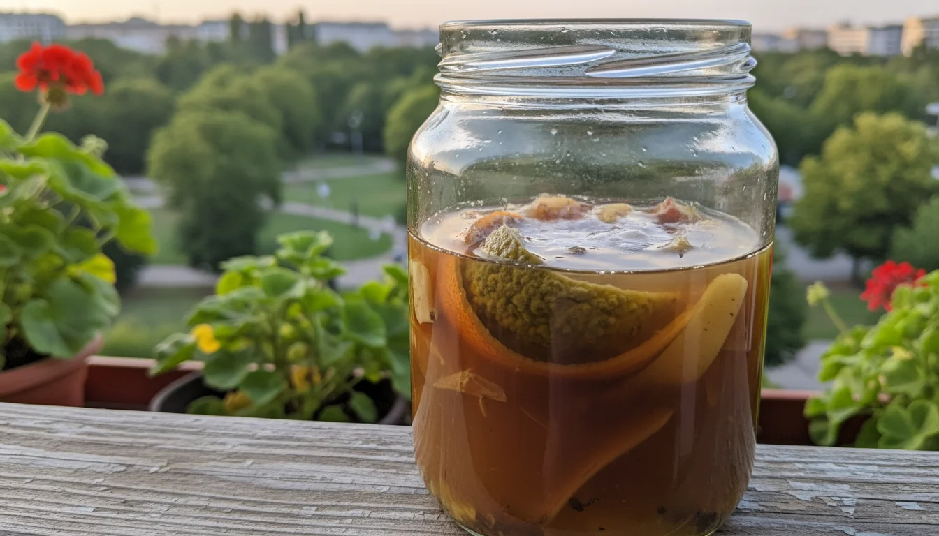 Close-up of an open glass jar of kitchen scrap fertilizer tea on a balcony railing, showing fuzzy green mold on a floating citrus rind.