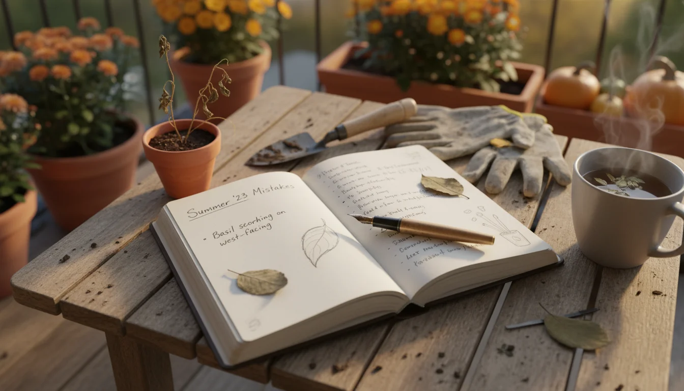 An open, handwritten garden journal on a worn wooden balcony table, next to a struggling basil plant and a healthy calibrachoa.