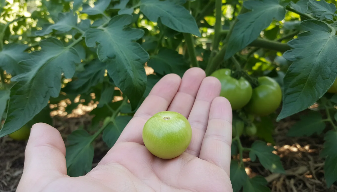 An open palm holds a single, noticeably small, pale green tomato. A blurred, leafy tomato plant in a terracotta pot is in the background.