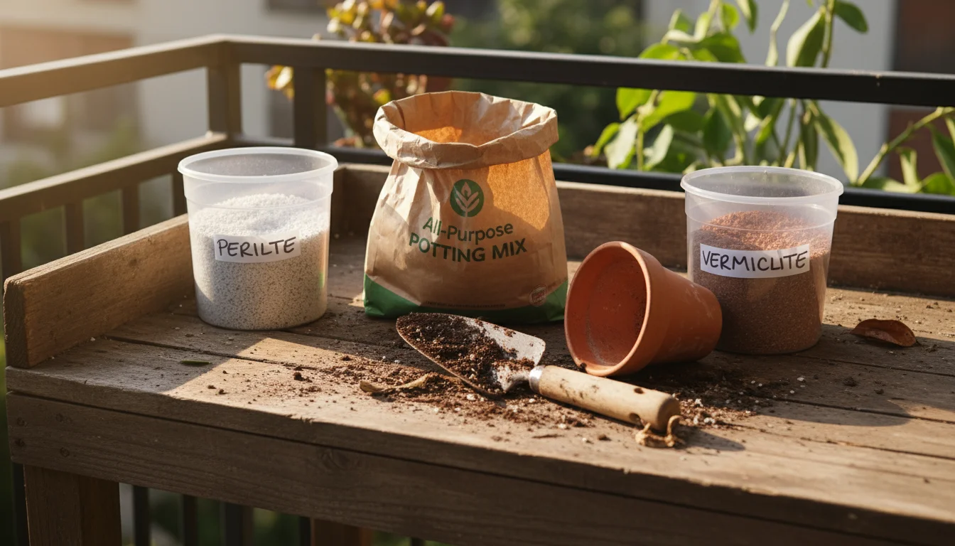 Open potting mix bag, separate containers of bright white perlite and earthy brown vermiculite on a balcony potting bench, empty pot ready.
