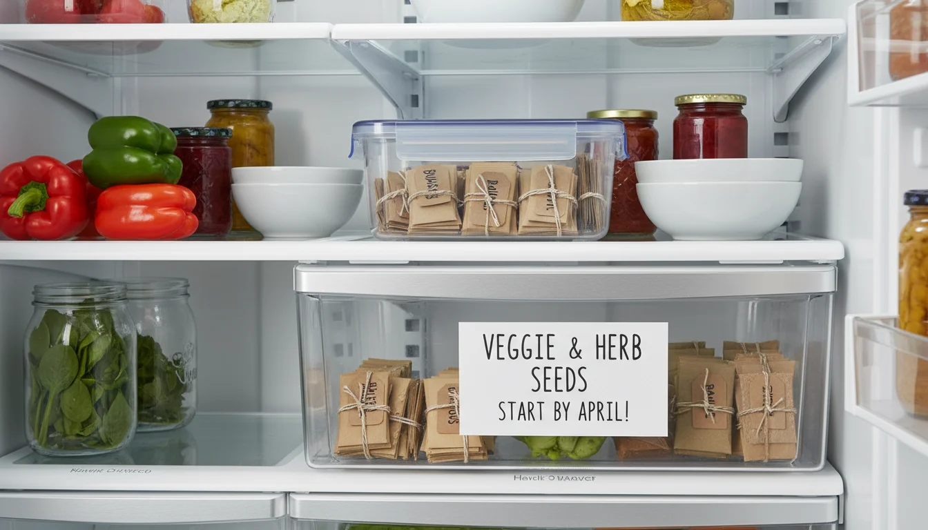 Open refrigerator drawer showing a clear, labeled container filled with various garden seed packets.