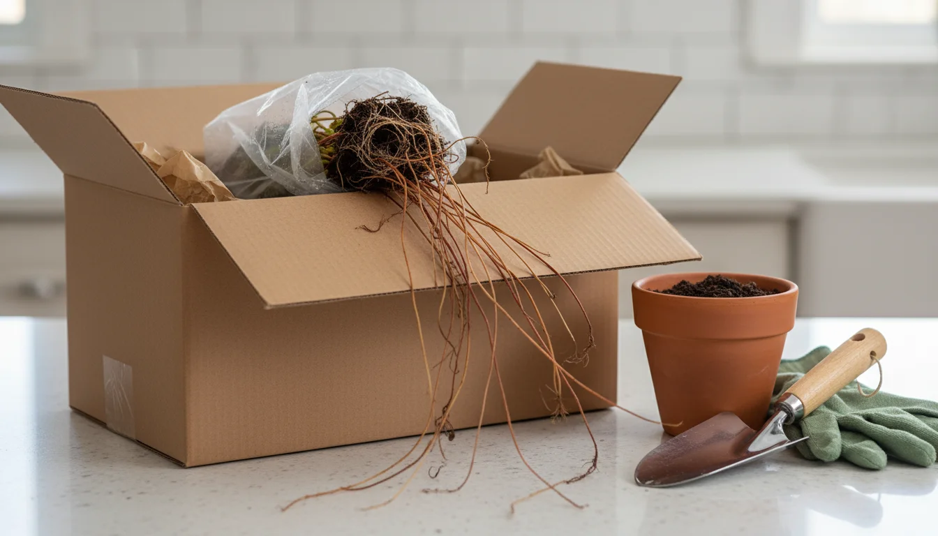 An open shipping box on a counter shows a bundle of bare-root strawberry plants next to an empty terracotta window box.