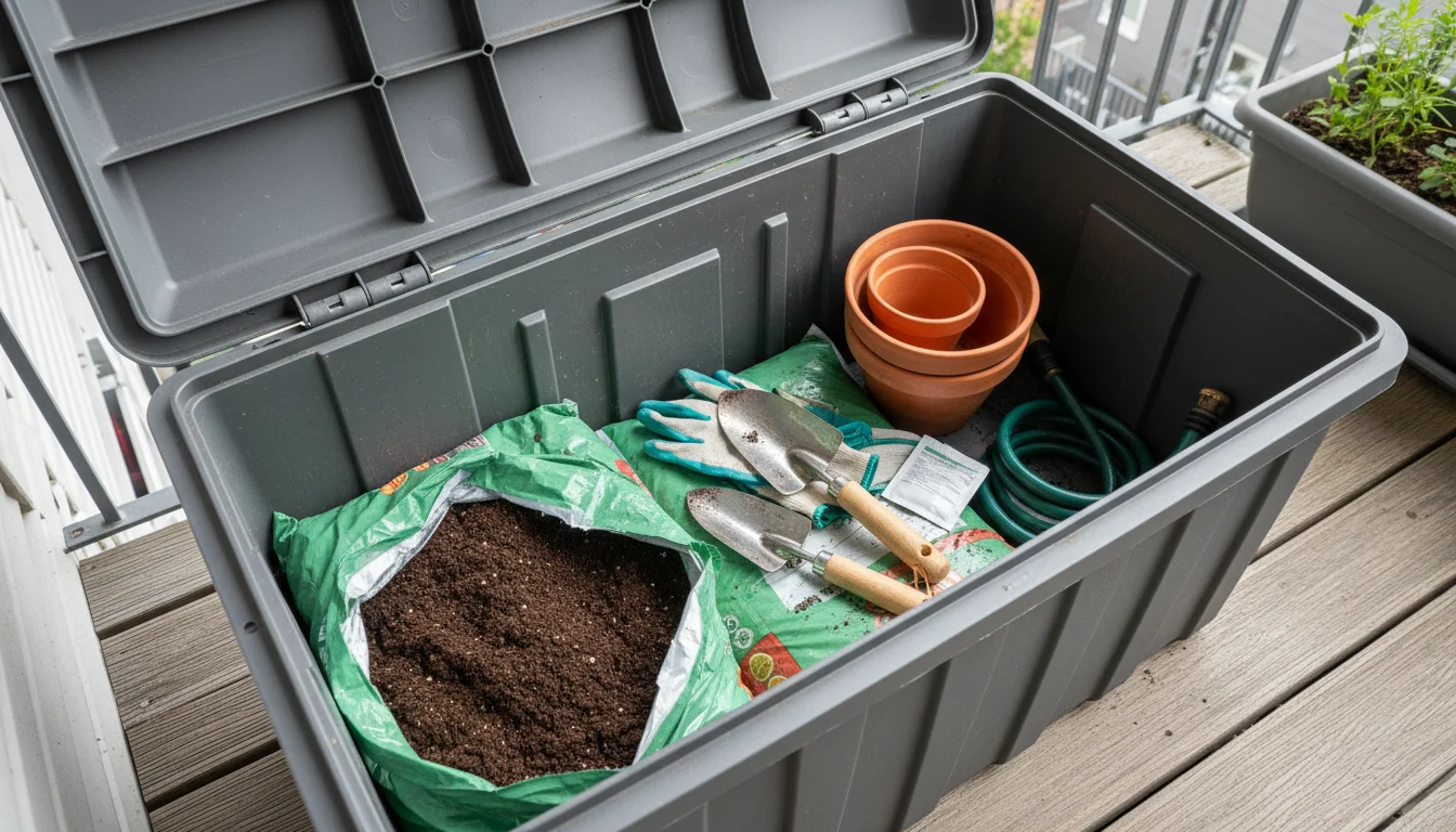 Open storage box revealing neatly organized gardening supplies inside, including a bag of potting soil, hand tools, gloves, and nested pots in clear b