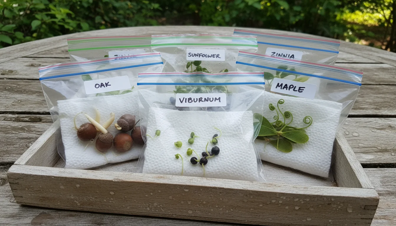 Open ziplock bags in a tray on a patio table show germinated lettuce, pepper, and basil seeds, with small container plants blurred in background.