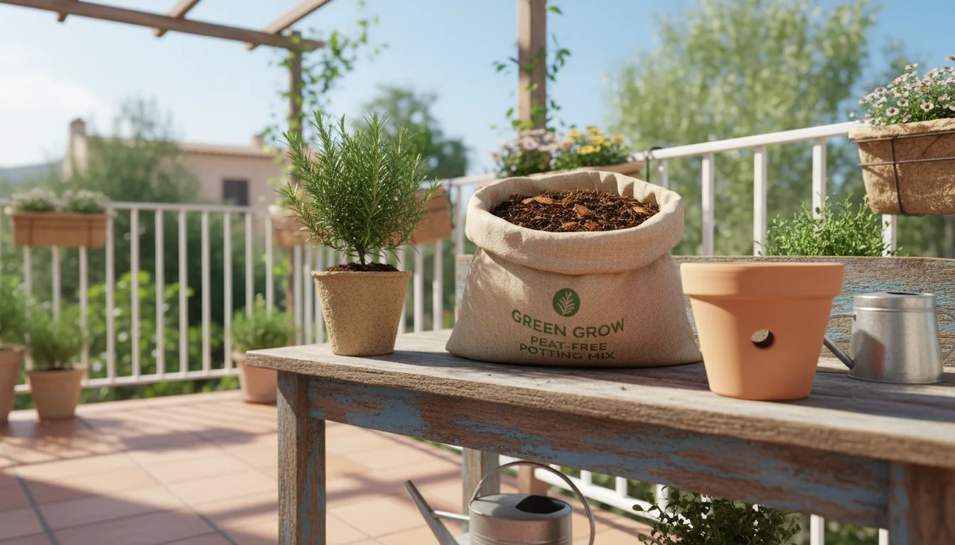 Opened bag of textured peat-free potting mix, showing coir and bark, next to a rosemary plant and terracotta pot on a wooden bench.
