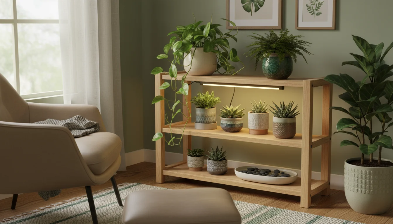 An optimized indoor plant corner with various container plants on a light wood shelf, a visible LED grow light, and a pebble tray.