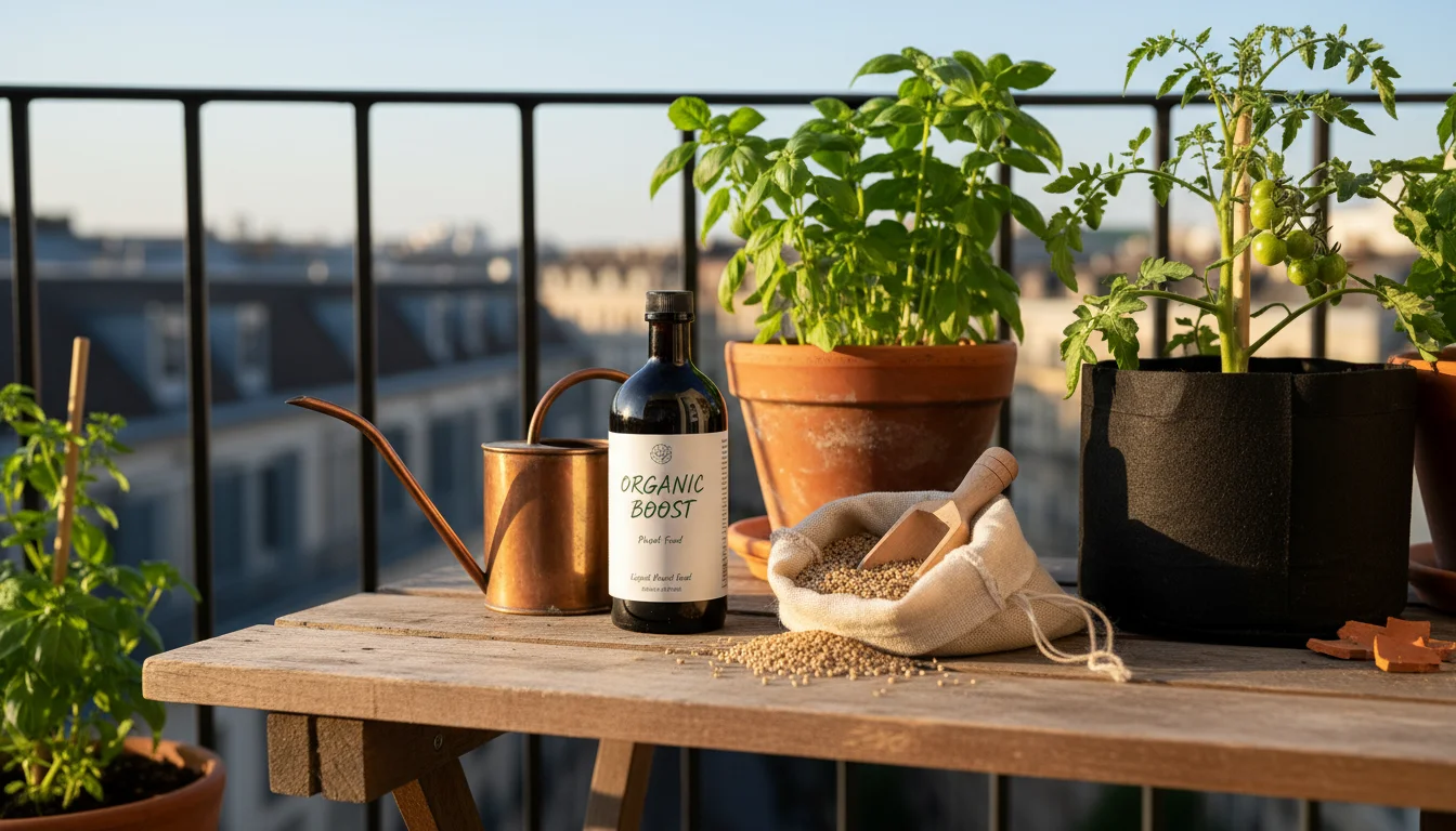 Organic liquid fertilizer bottle and slow-release granules with scoop on a weathered table, surrounded by thriving container plants.