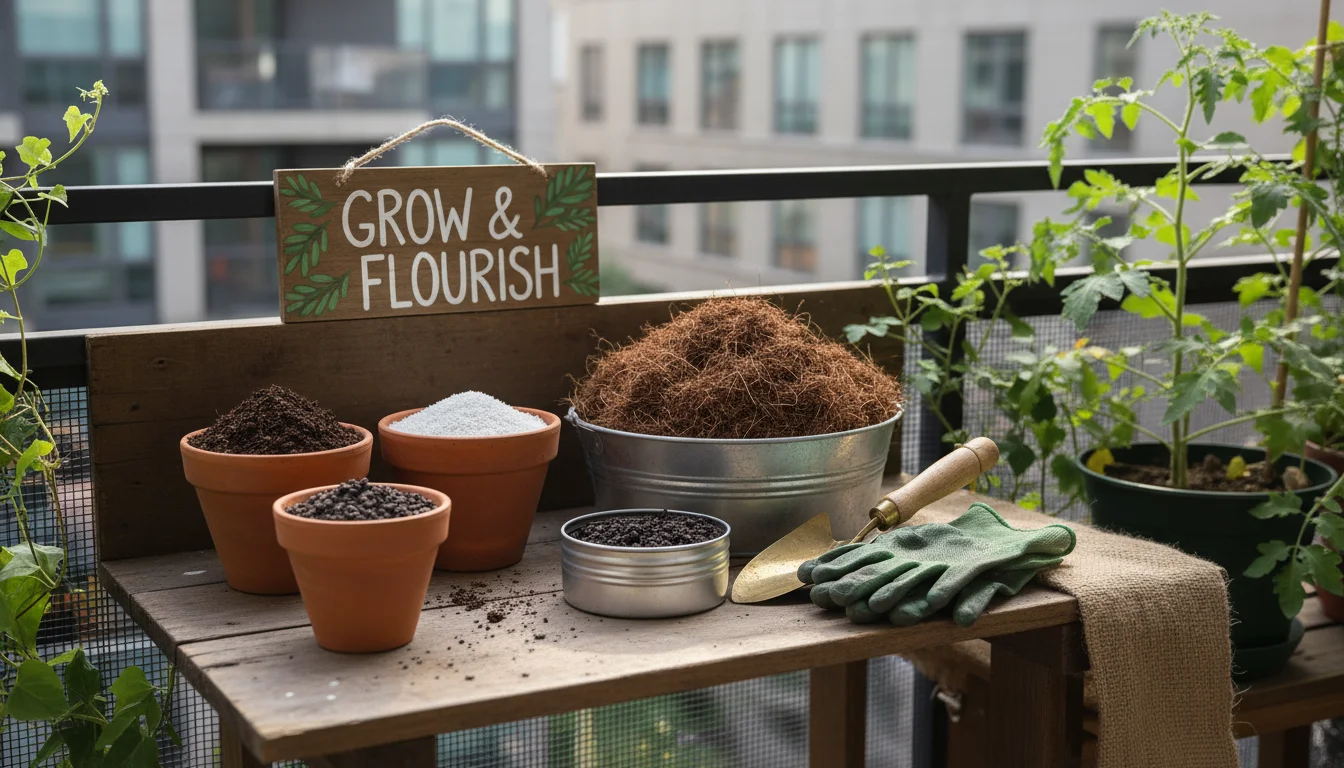 Organic potting mix ingredients: compost, perlite, coco coir, and worm castings, neatly arranged on a small wooden potting bench.