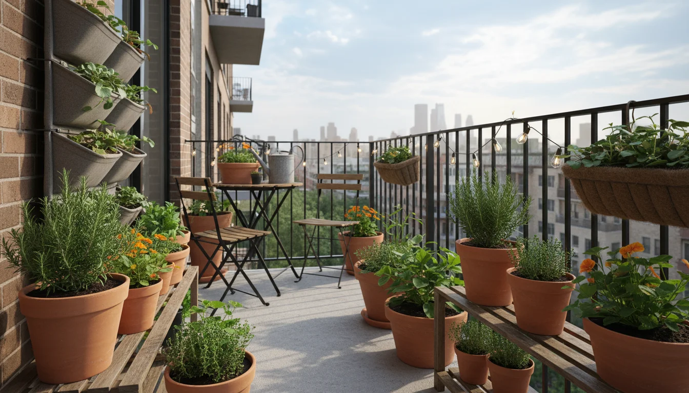 An organized balcony garden with terracotta pots and a vertical planter, showing clear spacing between plants for optimal air circulation.