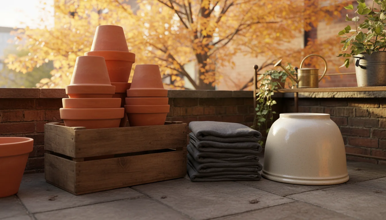 An organized collection of clean, empty garden pots on a small urban patio, with an open gardening reference book on a table in the background.