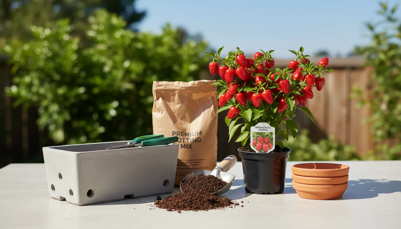 An organized collection of gardening materials: a vibrant red ornamental pepper plant, a modern gray planter, potting mix, watering can, trowel, and g