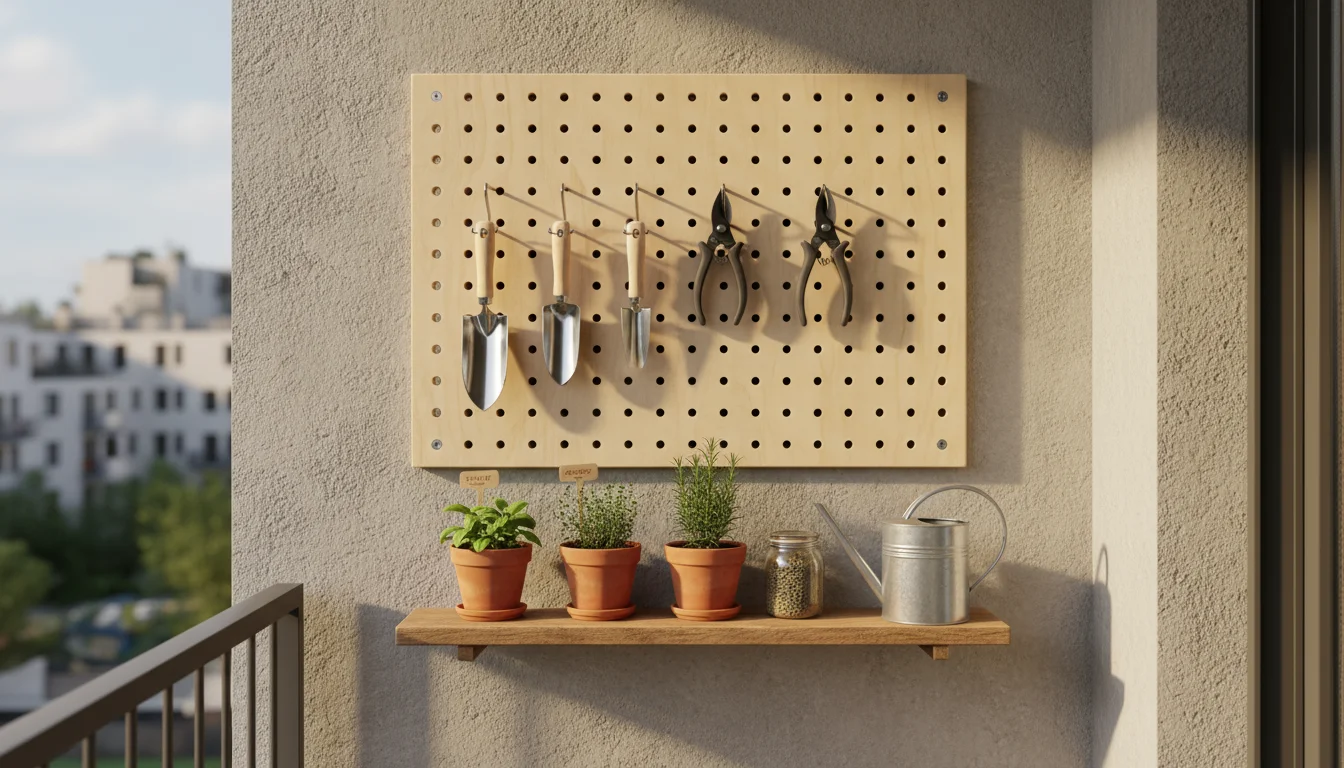 An organized compact balcony wall features a light-colored pegboard holding small gardening tools and metal pails on a shelf below.