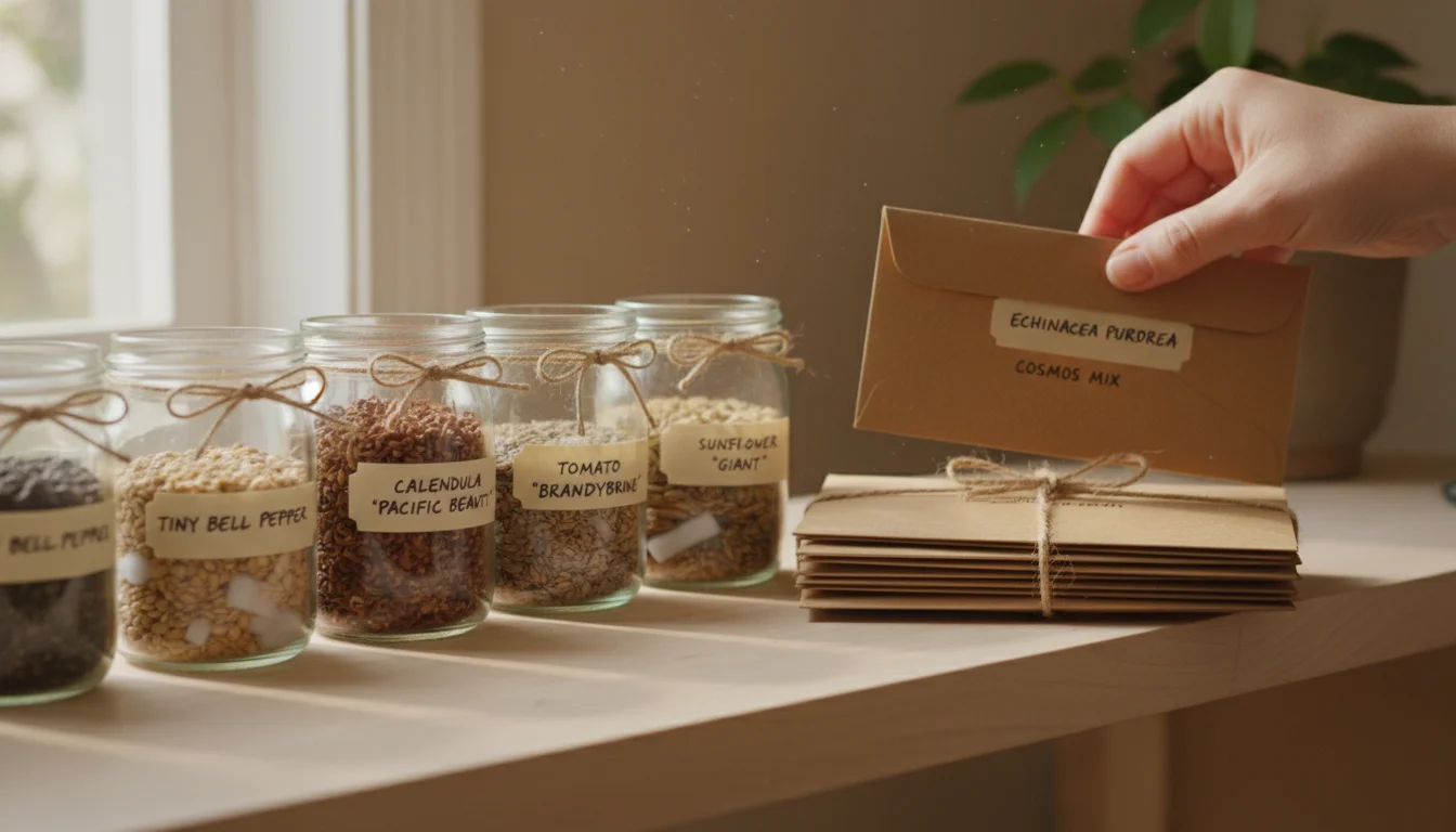 An organized display of labeled seed jars and kraft envelopes on a wooden shelf, with a hand carefully placing a new seed packet.