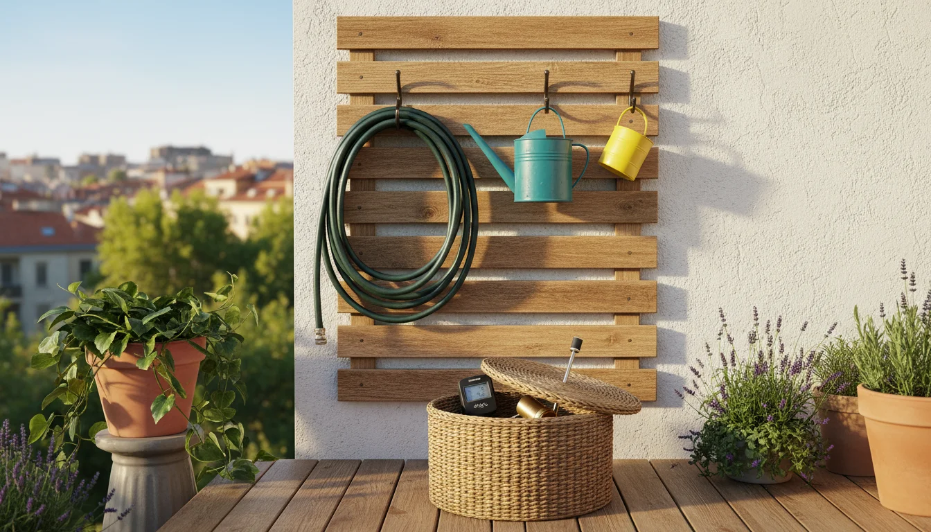 Organized gardening tools on a sunny balcony. A coiled hose and watering cans hang on a wooden panel, beside a lidded basket with accessories.