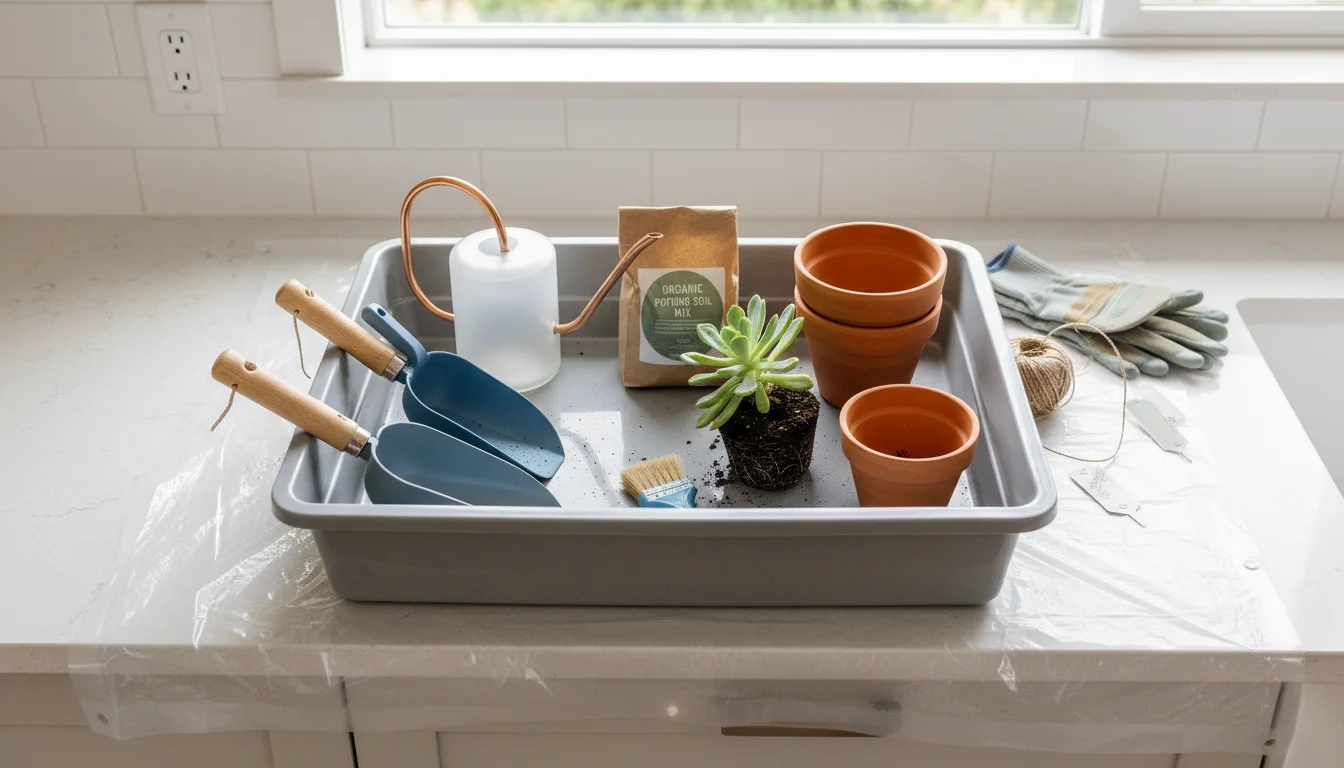 An organized indoor repotting setup with a clear plastic tarp, deep plastic tray, small hand tools, potting mix, and a houseplant on a kitchen counter