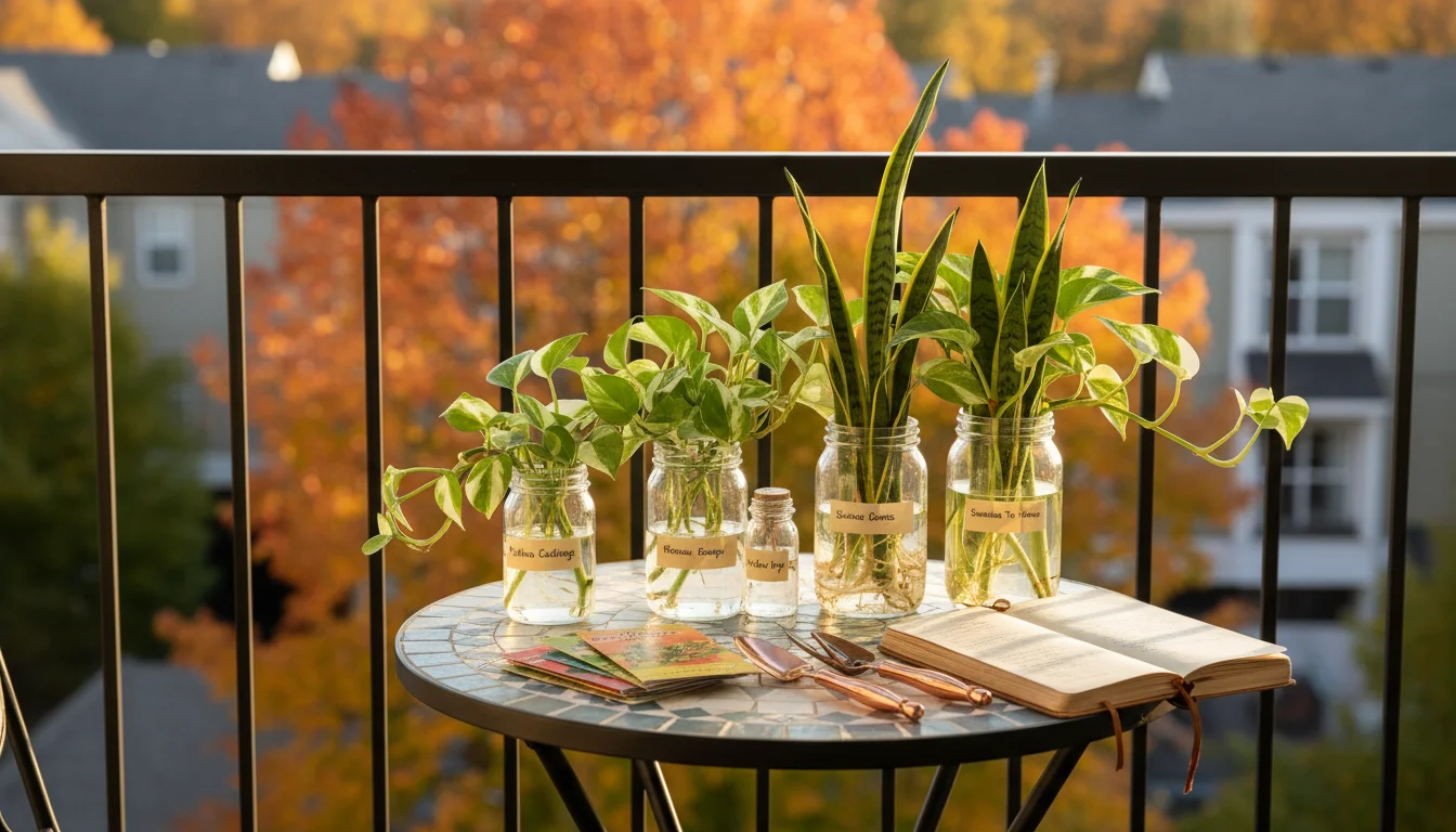 Organized patio table with plant cuttings, seed packets, and a journal on an apartment balcony in warm autumn light.